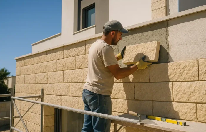התקנת חיפוי אבן ירושלמית על חזית מבנה, לוח מונח לתוך נדבך פתוח