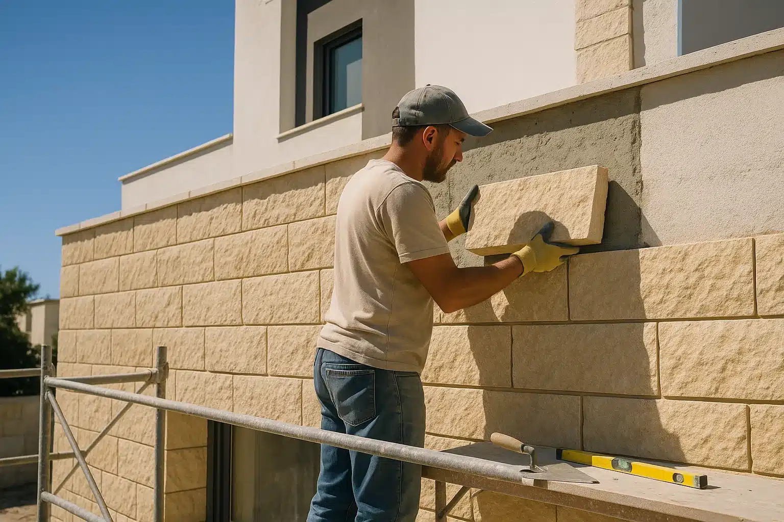 התקנת חיפוי אבן ירושלמית על חזית מבנה, לוח מונח לתוך נדבך פתוח