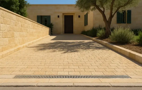 חניה בכניסה לבית פרטי מרוצפת באבן ירושלמית זהובה-קרמית במידות קטנות ובגימור מחוספס, עם אבן שפה בצדדים