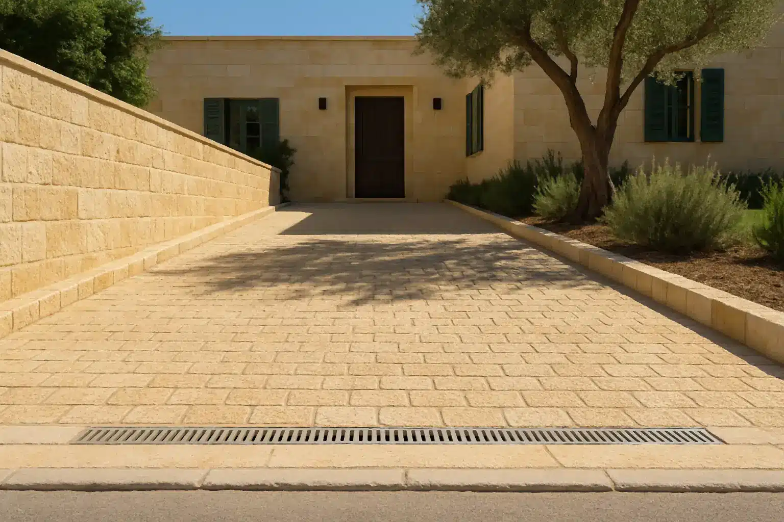חניה בכניסה לבית פרטי מרוצפת באבן ירושלמית זהובה-קרמית במידות קטנות ובגימור מחוספס, עם אבן שפה בצדדים